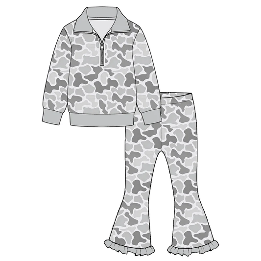 Grey camo print girls long sleeve pullover top pants set outfit preorder