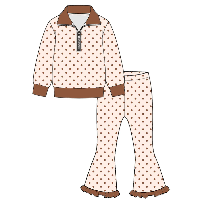 Brown dots print girls long sleeve pullover top pants set outfit preorder