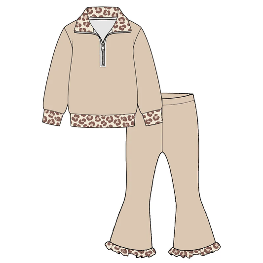 Khaki color girls long sleeve pullover top pants set outfit preorder