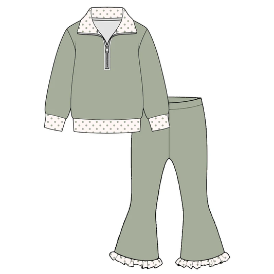 Green color girls long sleeve pullover top pants set outfit preorder
