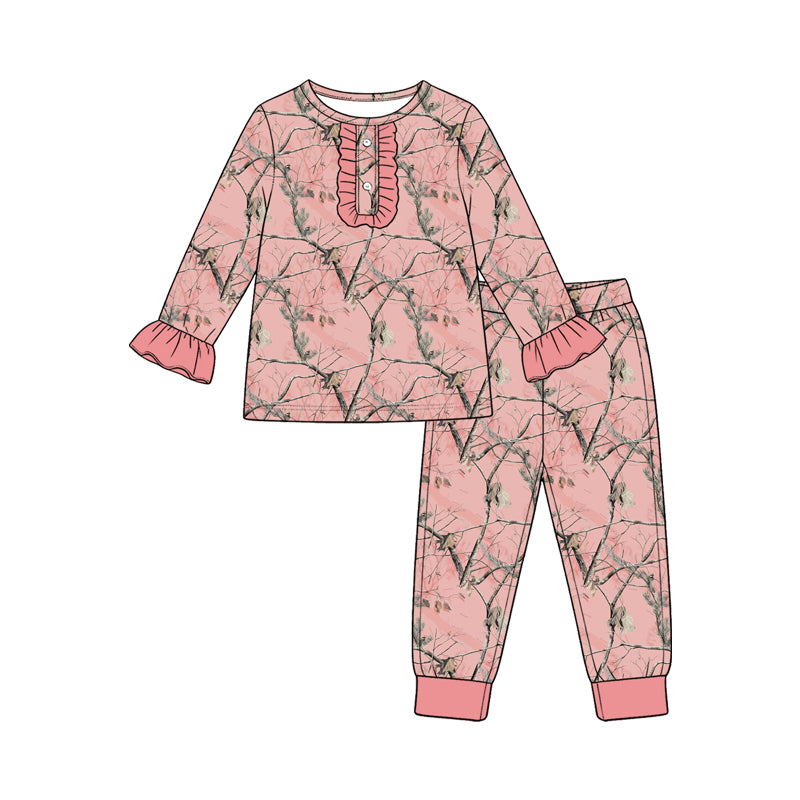 Pink tree camo print girls long sleeve top pants set outfit preorder