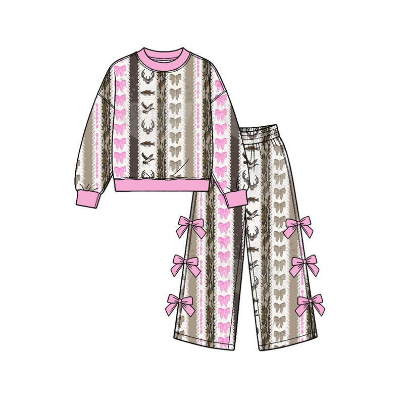 Deer duck bow print girls long sleeve top pants set outfit preorder
