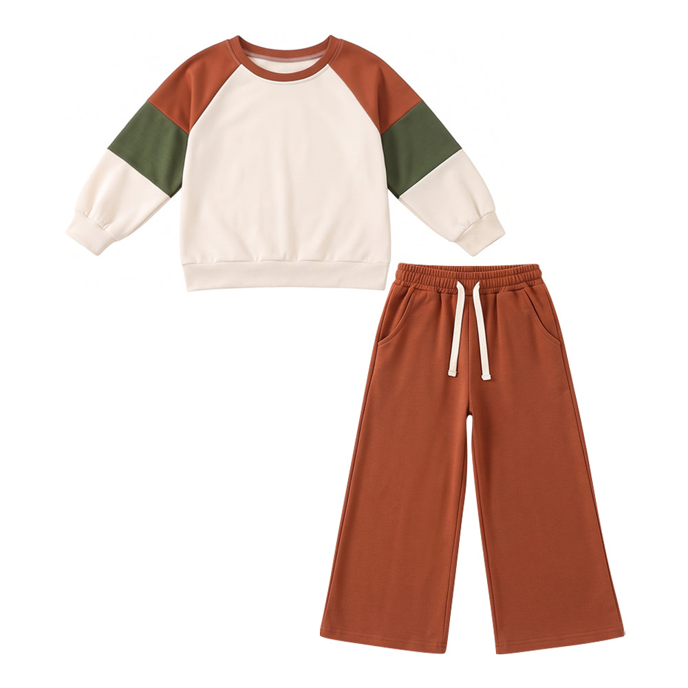 Brown green color girls long sleeve top pants set outfit preorder