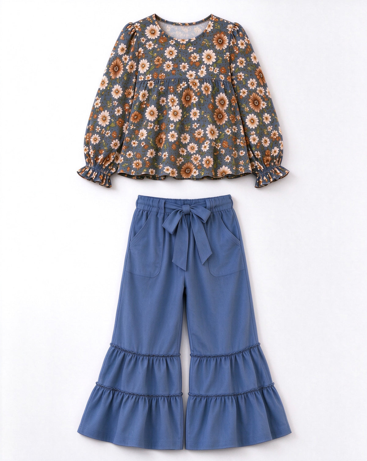 Flowers print girls long sleeve top blue pants set outfit preorder