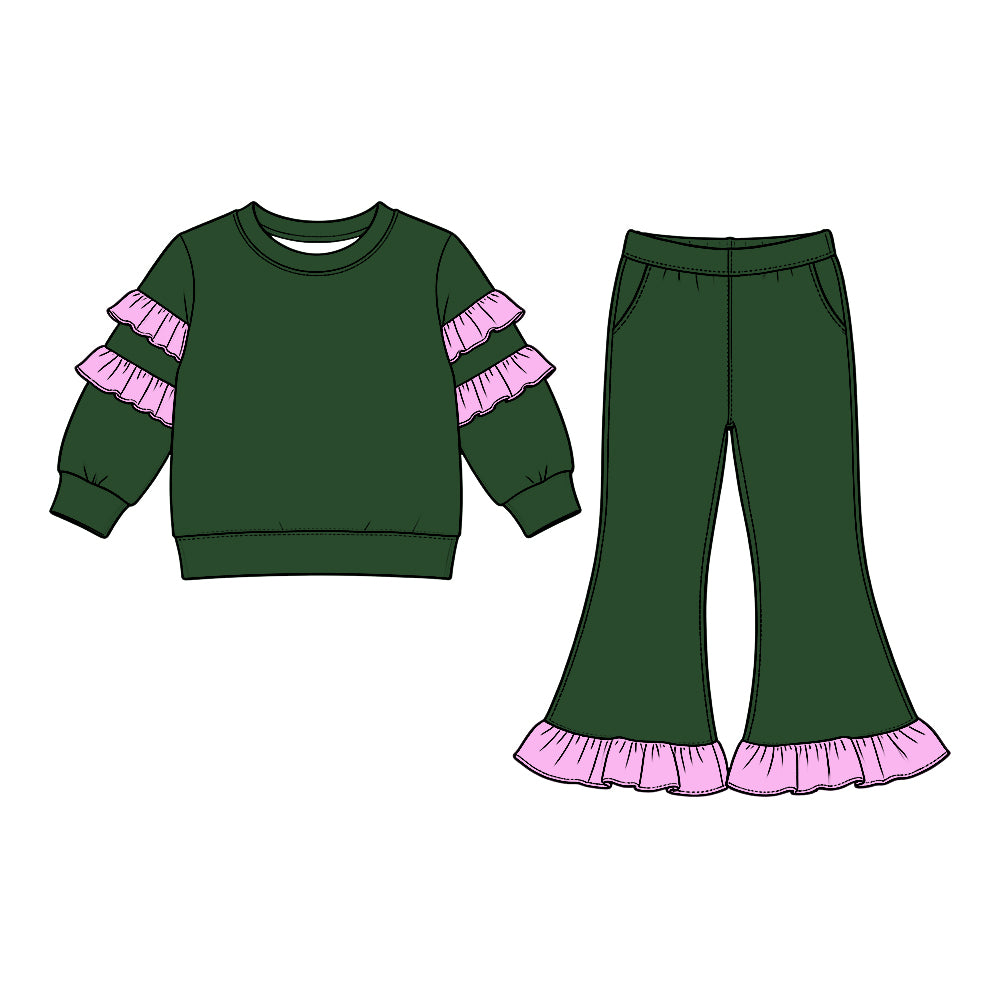 Green color pink ruffle girls long sleeve top pants set outfit preorder