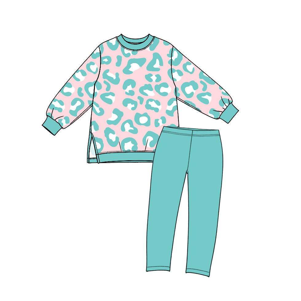 Long sleeve blue leopard top matching legging girls yoga outfit preorder