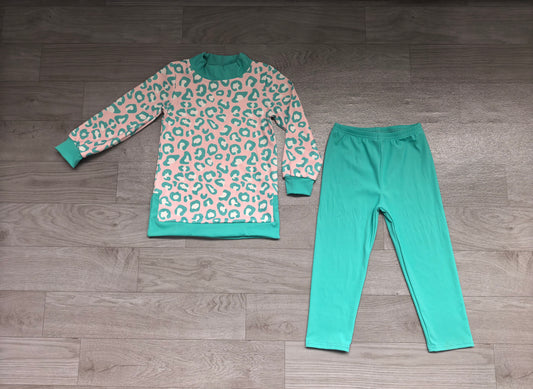 Long sleeve blue leopard top matching legging girls yoga outfit preorder