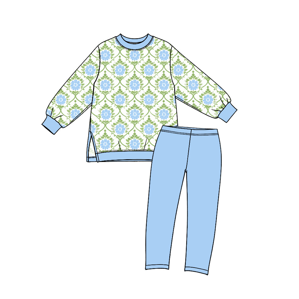 Long sleeve blue flowers top matching legging girls yoga outfit preorder