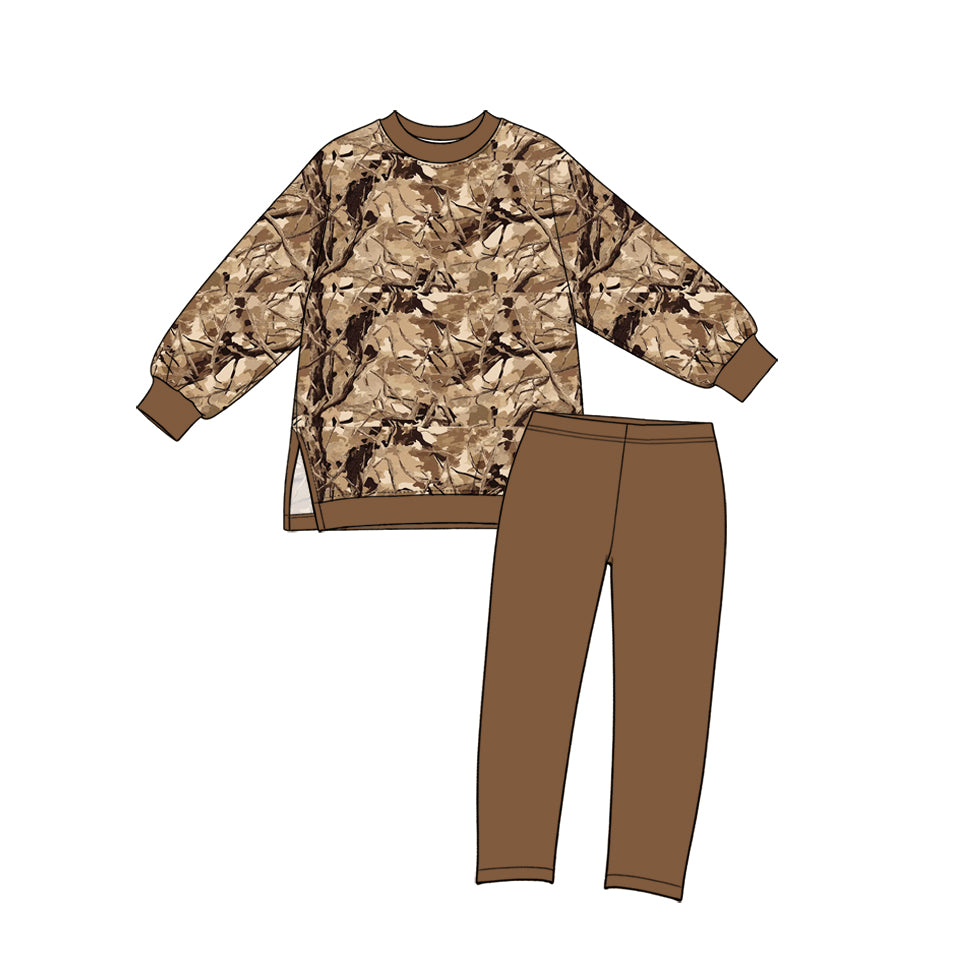 Hunting season brown camo print girl long sleeve top pants yoga set outfit preorder