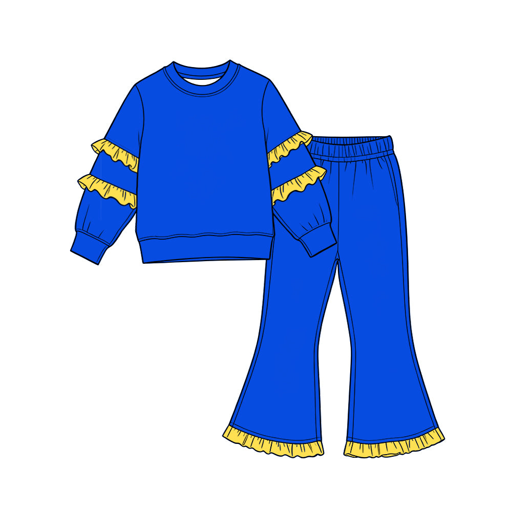 Blue color yellow ruffle long sleeve top pants set outfit preorder