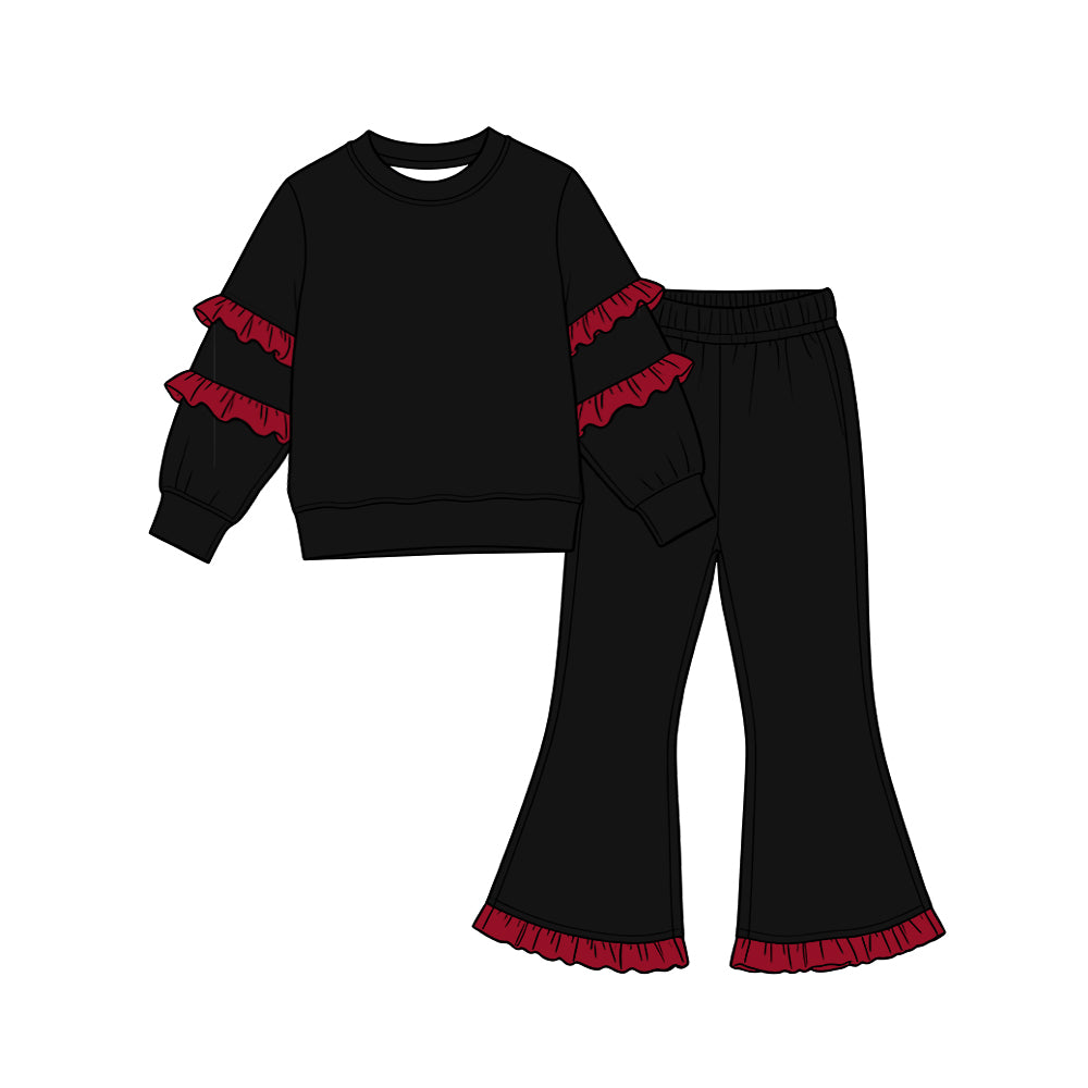 Black color red ruffle long sleeve top pants set outfit preorder
