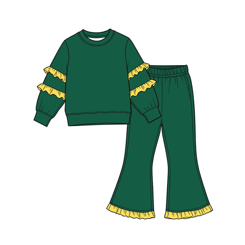 Green color yellow ruffle long sleeve top pants set outfit preorder