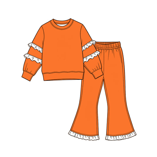 Orange color white ruffle long sleeve top pants set outfit preorder