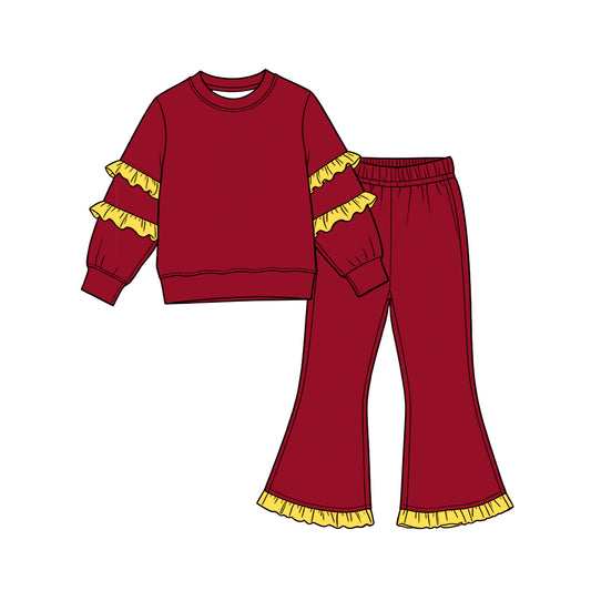 Red color yellow ruffle long sleeve top pants set outfit preorder