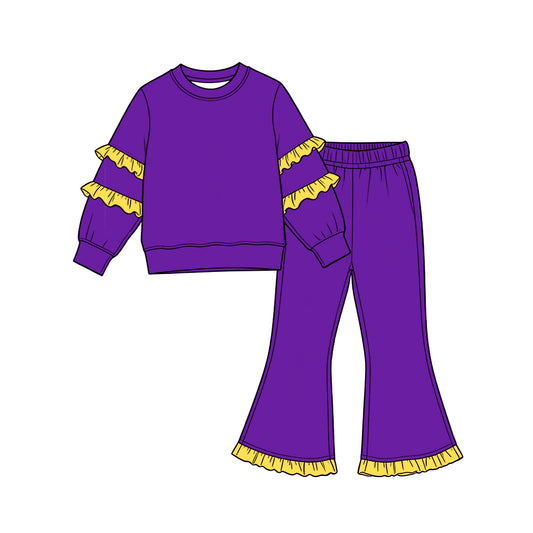 Purple color yellow ruffle long sleeve top pants set outfit preorder