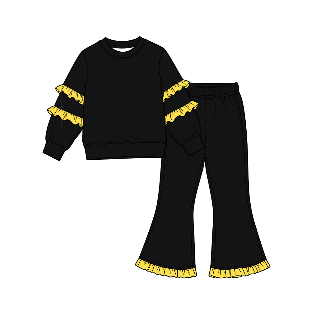 Black color yellow ruffle long sleeve top pants set outfit preorder