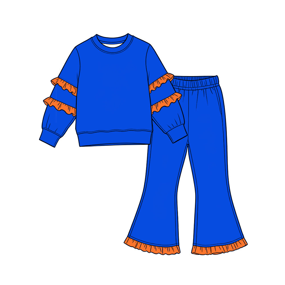 Blue color orange ruffle long sleeve top pants set outfit preorder