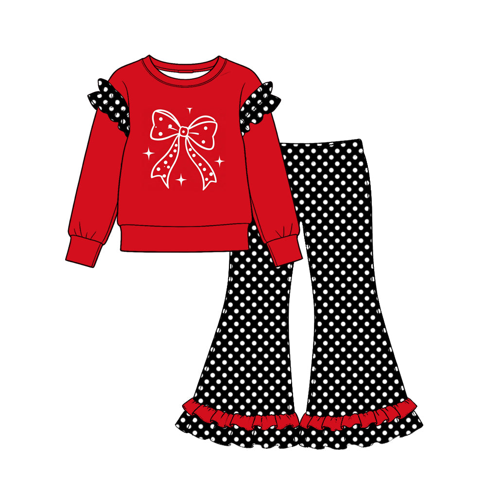 Valentines day red bow print girl long sleeve outfit preorder