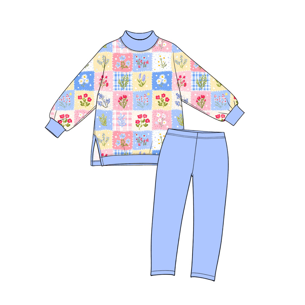 Flowers print girl long sleeve top pants set yoga outfit preorder