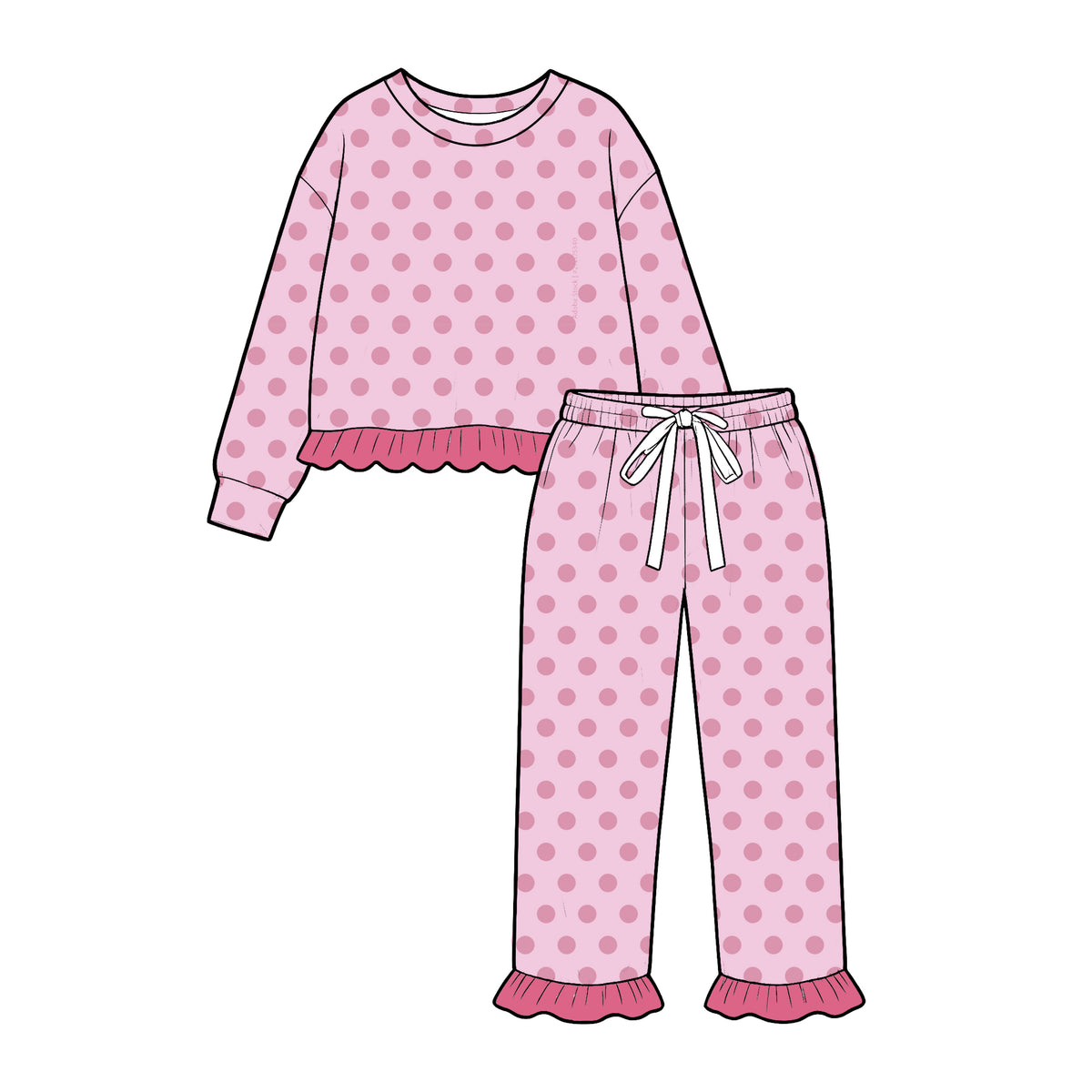 Pink polka dots print girl long sleeve outfit preorder