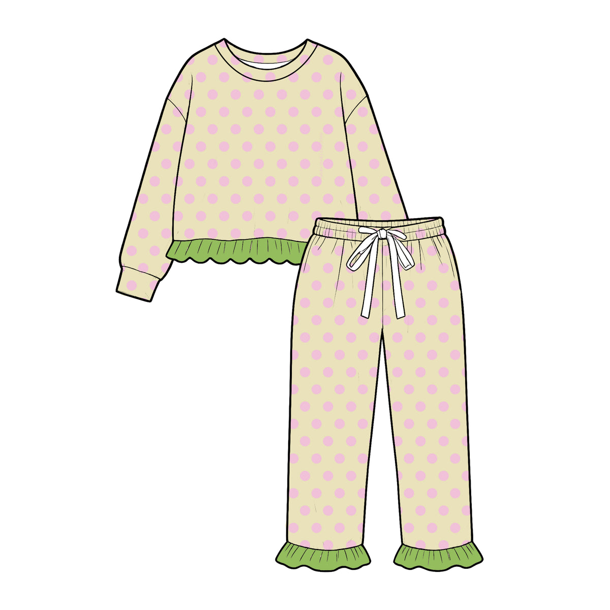 Pink polka dots print girl long sleeve outfit preorder