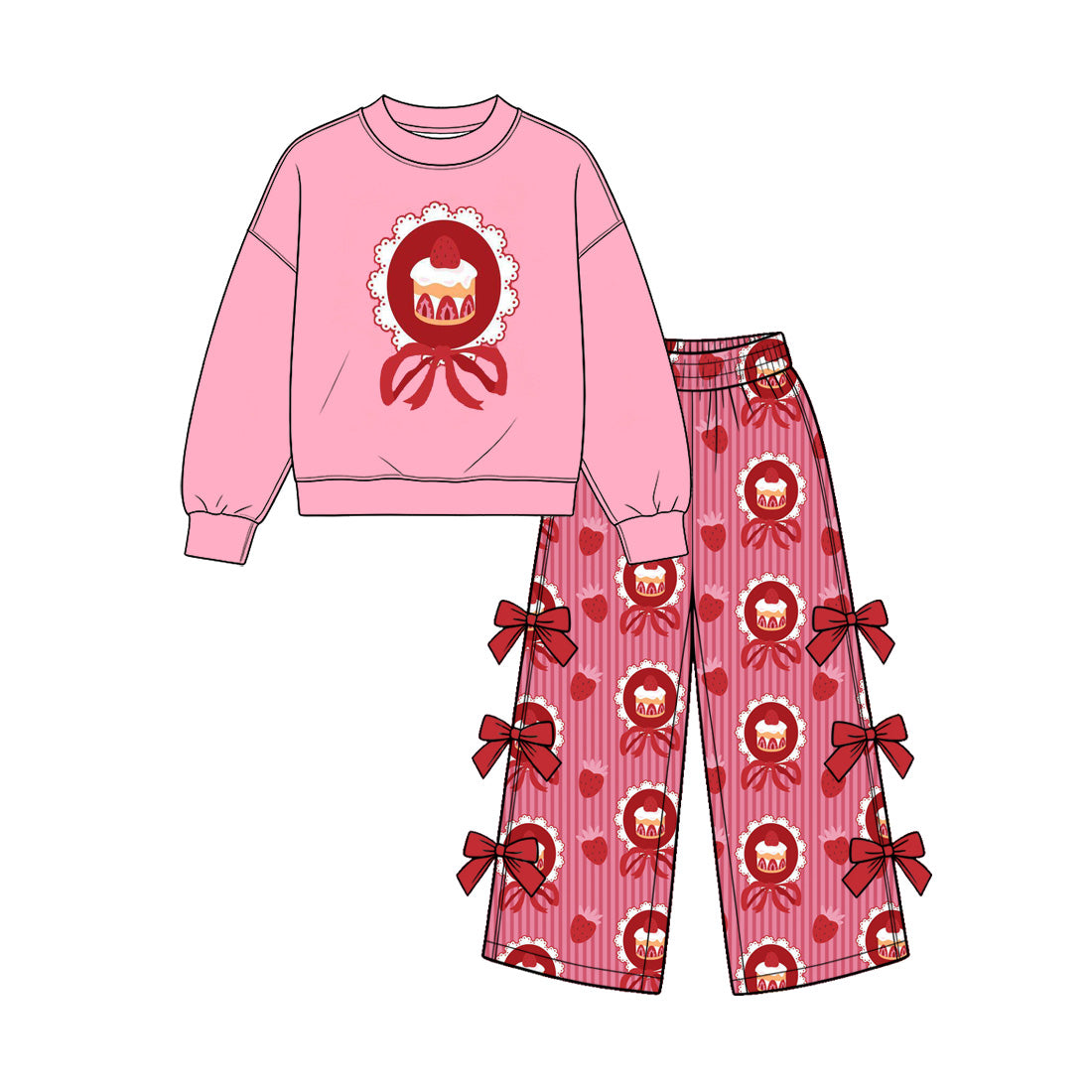 Strawberry cake design girls long sleeve top pants outfit preorder