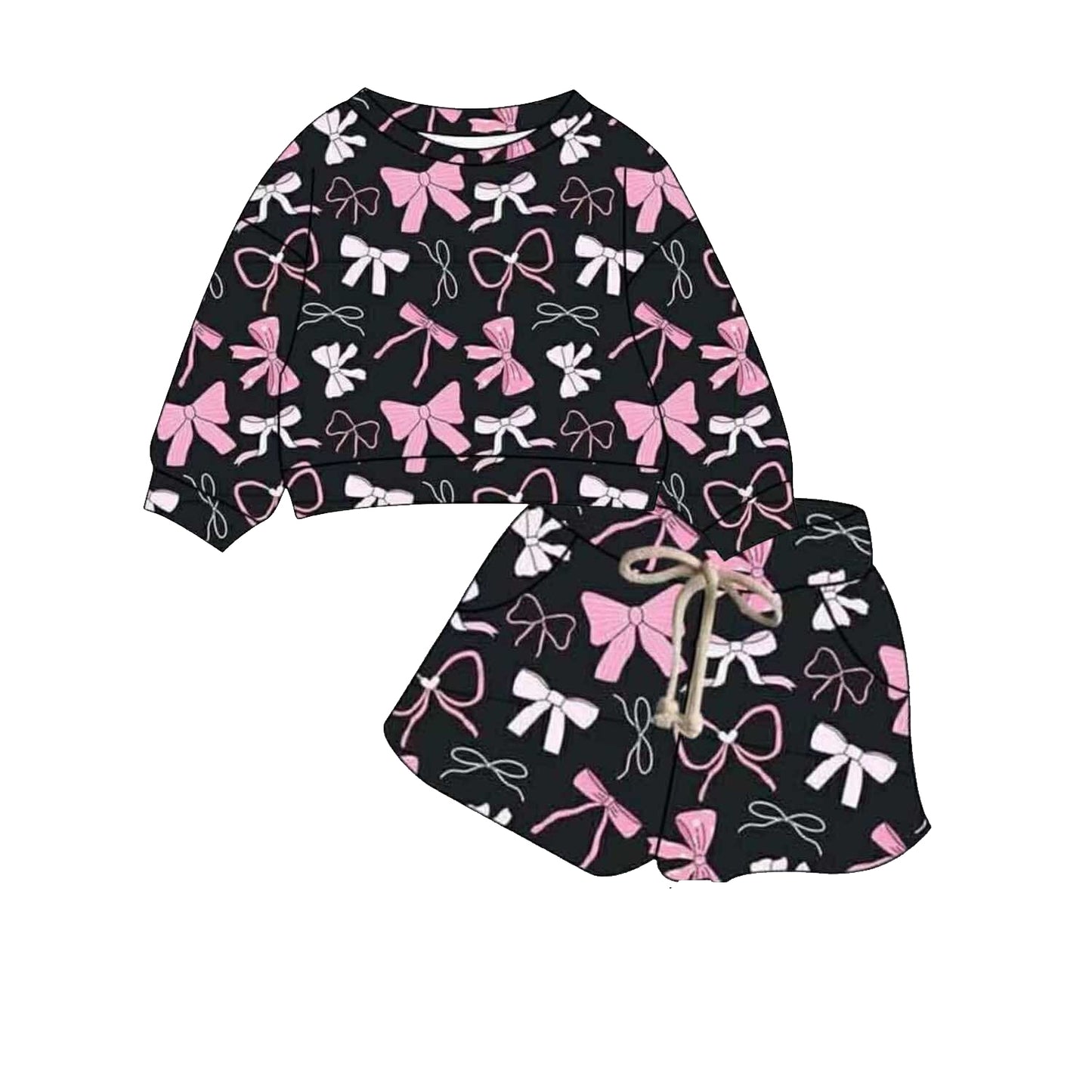 Pink white bows print girls long sleeve outfit preorder