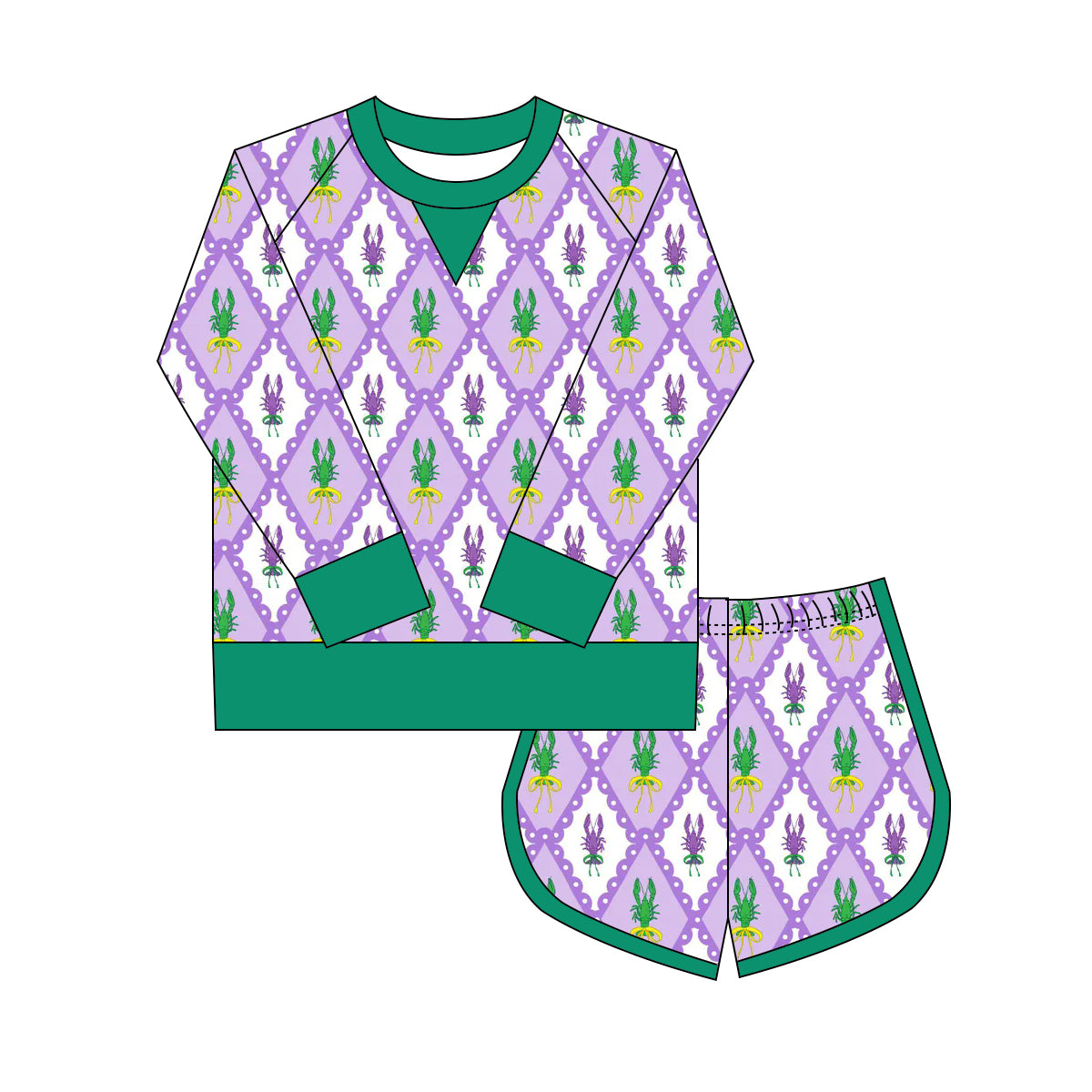 Mardi Gras crawfish yoga top matching shorts girls outfit preorder