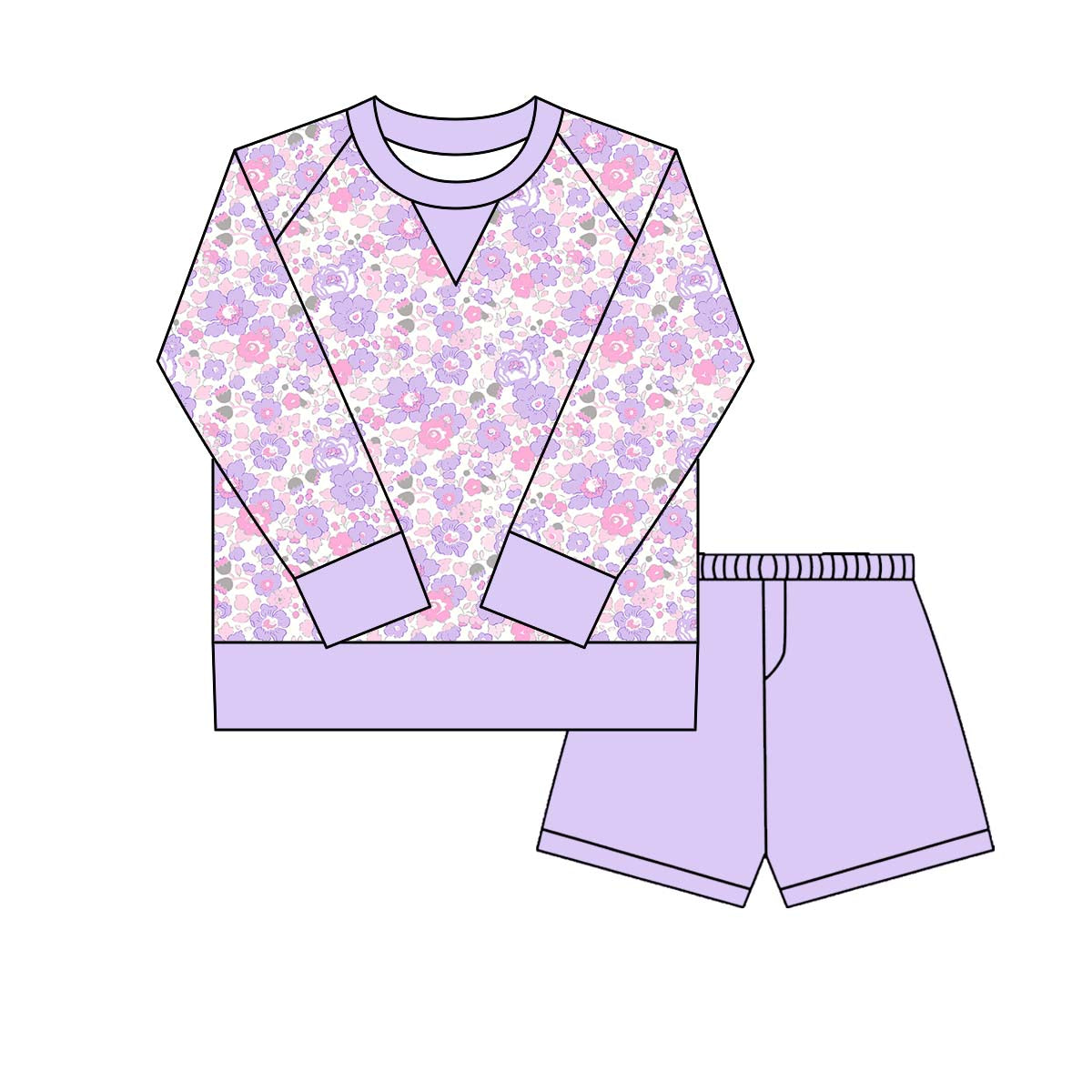 Lavender Floral yoga top matching shorts girls long sleeve outfit preorder