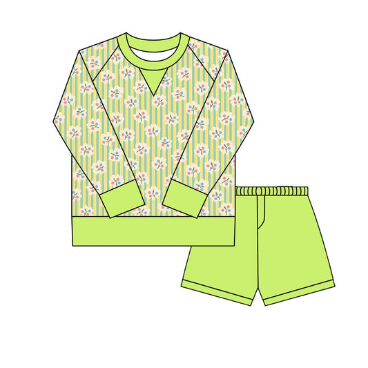 Green Floral yoga top matching shorts girls long sleeve outfit preorder
