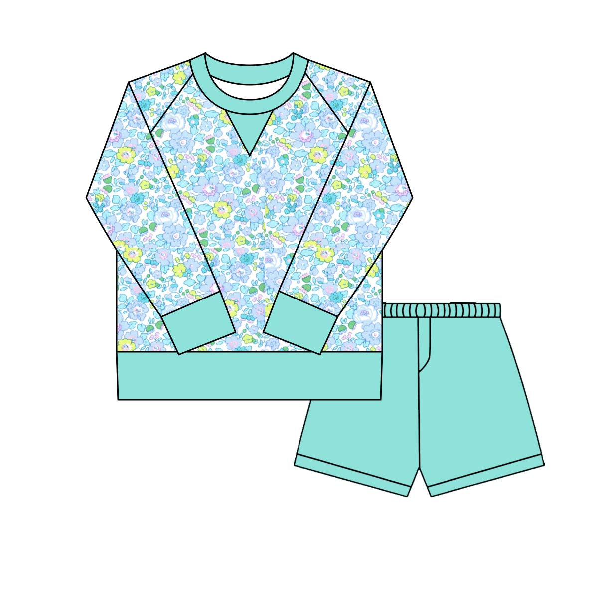 Blue Floral yoga top matching shorts girls long sleeve outfit preorder