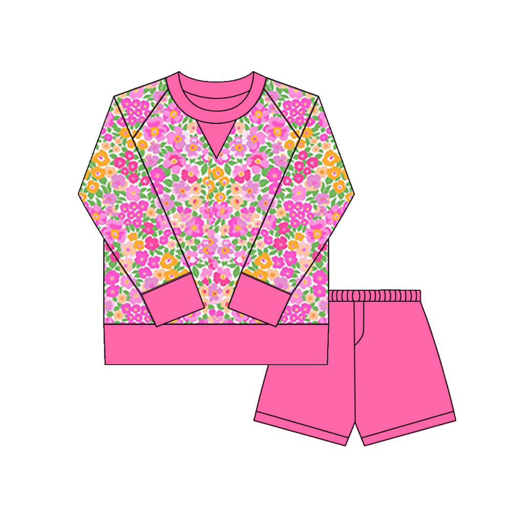 Pink Floral yoga top matching shorts girls long sleeve outfit preorder