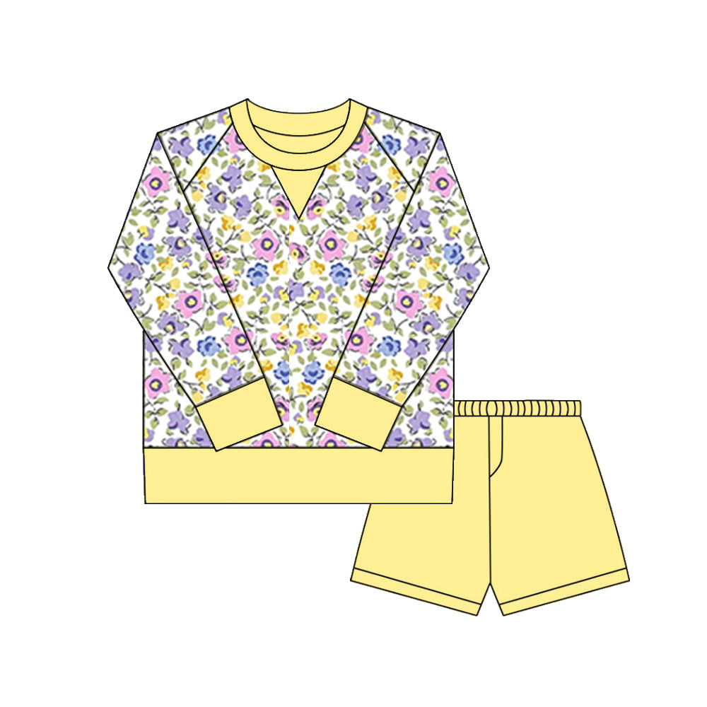 Lavender pink Floral yoga top matching shorts girls long sleeve outfit preorder