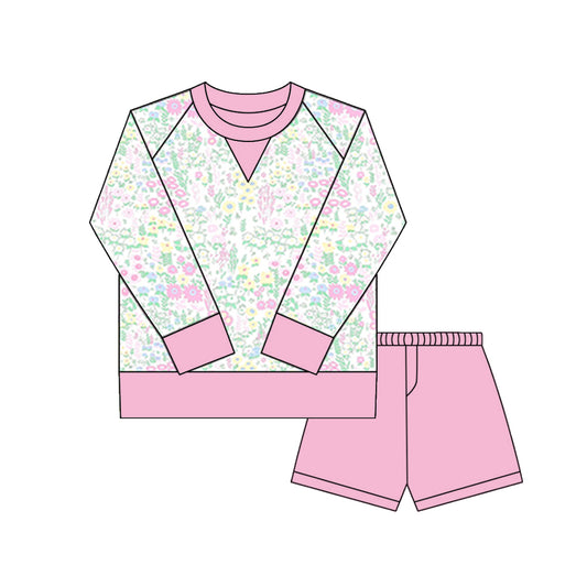 Floral yoga top matching shorts girls long sleeve outfit preorder
