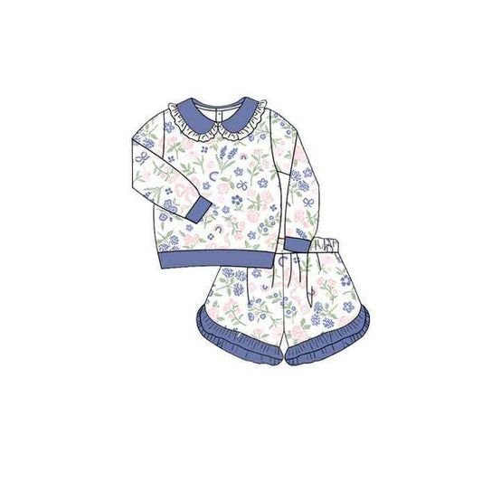 Girls long sleeve pink flower top matching shorts outfit preorder