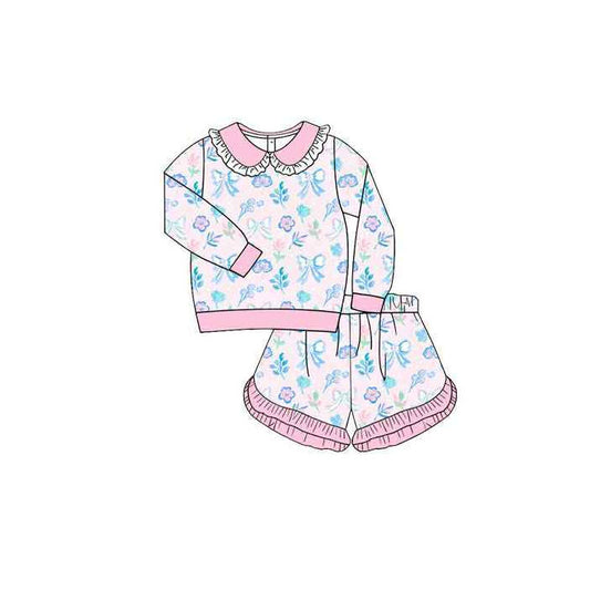 Girls long sleeve blue flower top matching shorts outfit preorder