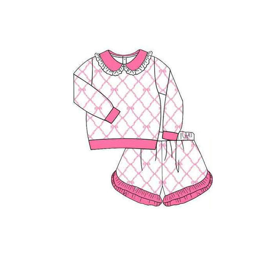 Girls long sleeve pink bow top matching shorts outfit preorder