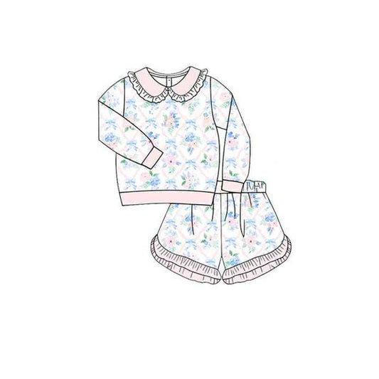 Girls long sleeve pink floral top matching shorts outfit preorder