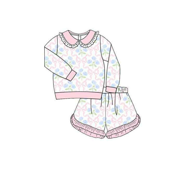 Girls long sleeve blue floral top matching shorts outfit preorder