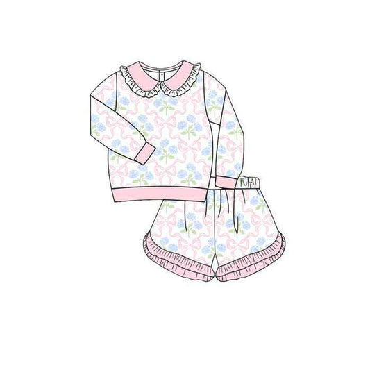 Girls long sleeve blue floral top matching shorts outfit preorder