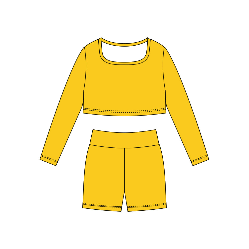 Yellow long sleeve yoga top matching shorts girls outfit preorder