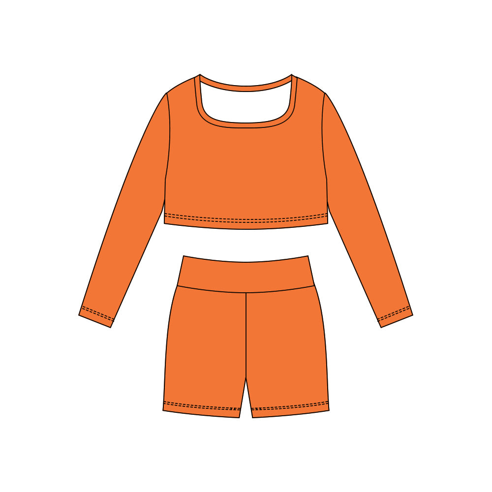Orange long sleeve yoga top matching shorts girls outfit preorder