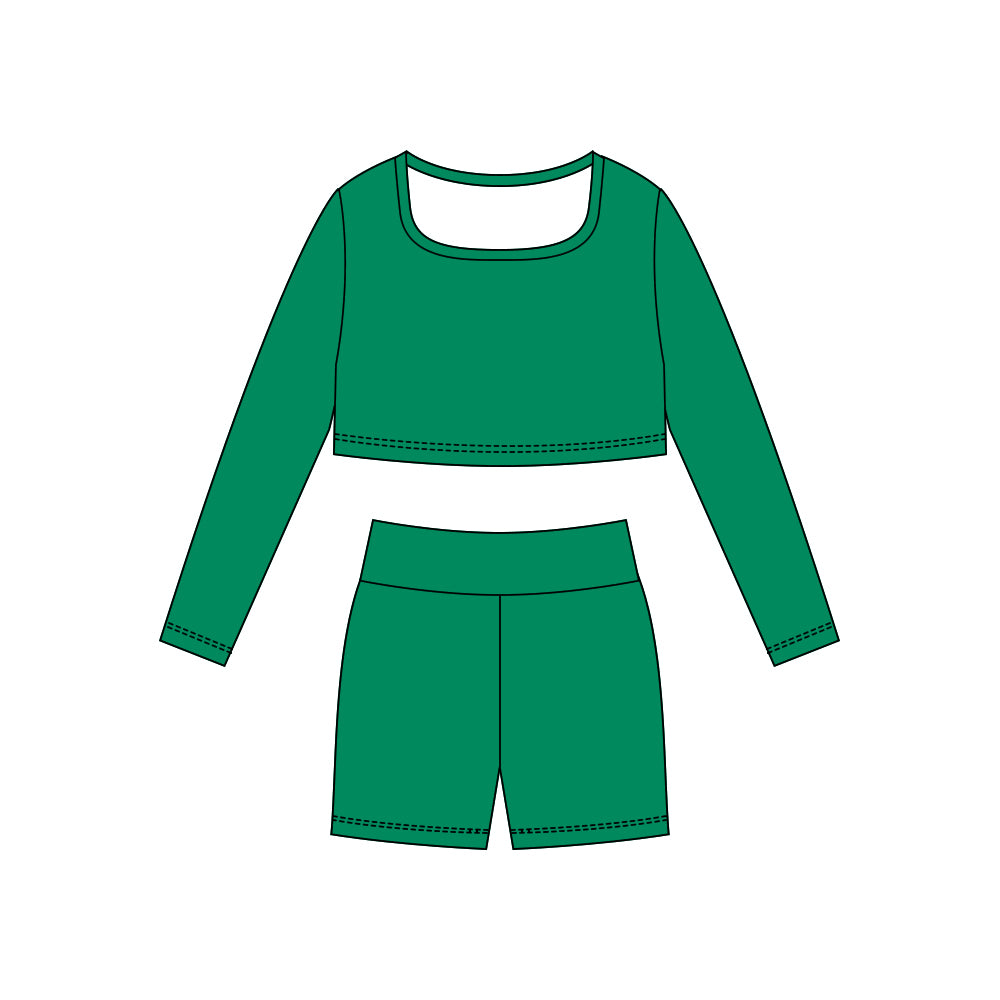 Green long sleeve yoga top matching shorts girls outfit preorder