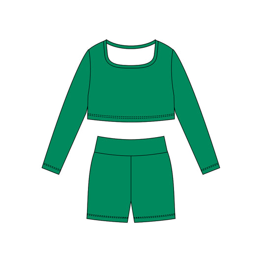 Green long sleeve yoga top matching shorts girls outfit preorder