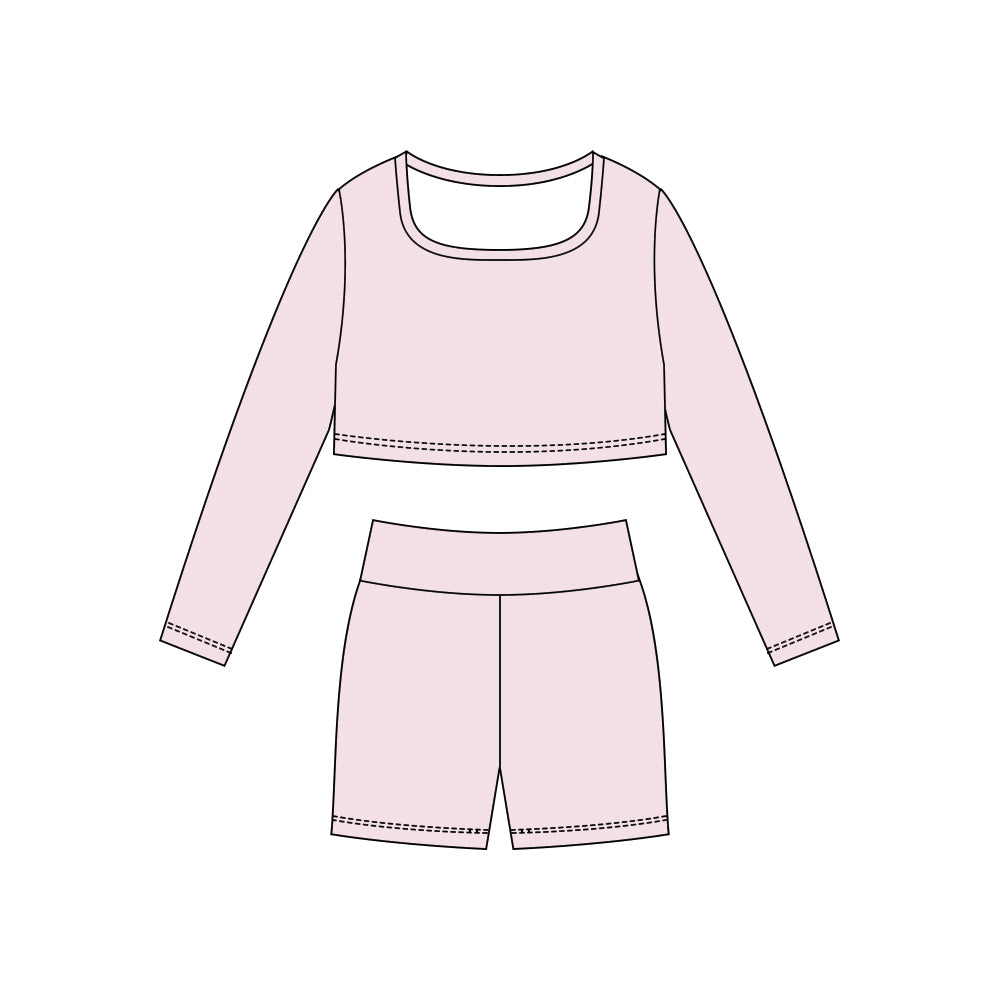 Pink long sleeve yoga top matching shorts girls outfit preorder