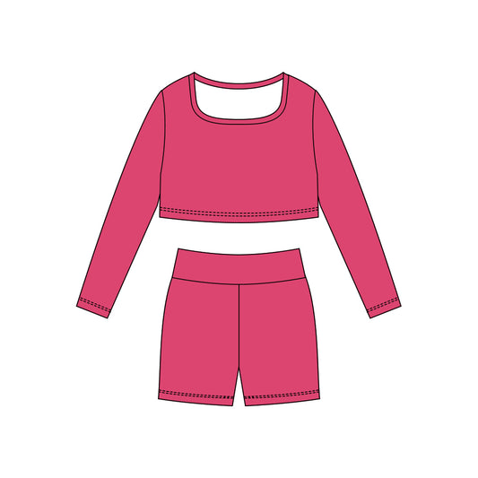 Hot Pink long sleeve yoga top matching shorts girls outfit preorder