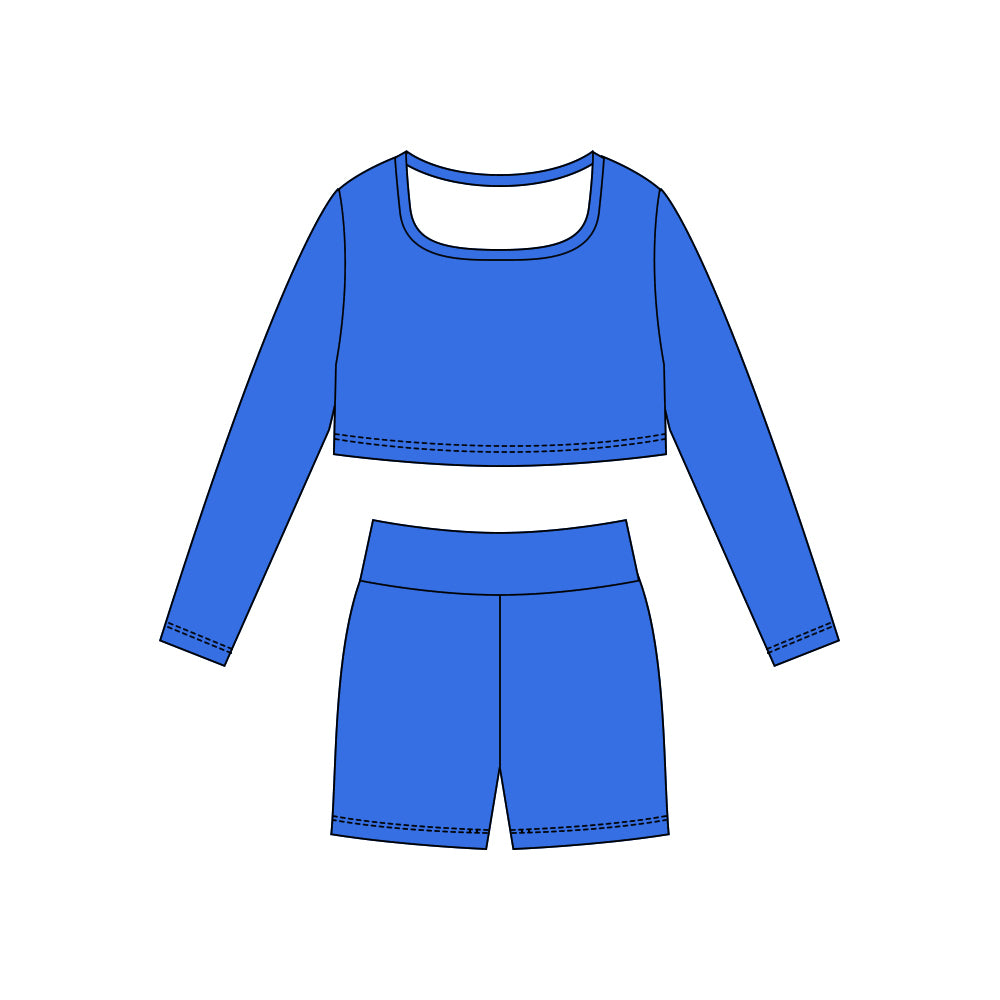 Dark blue long sleeve yoga top matching shorts girls outfit preorder