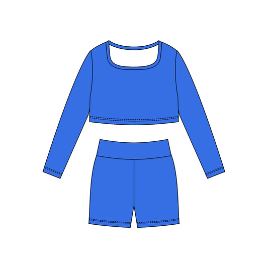 Dark blue long sleeve yoga top matching shorts girls outfit preorder