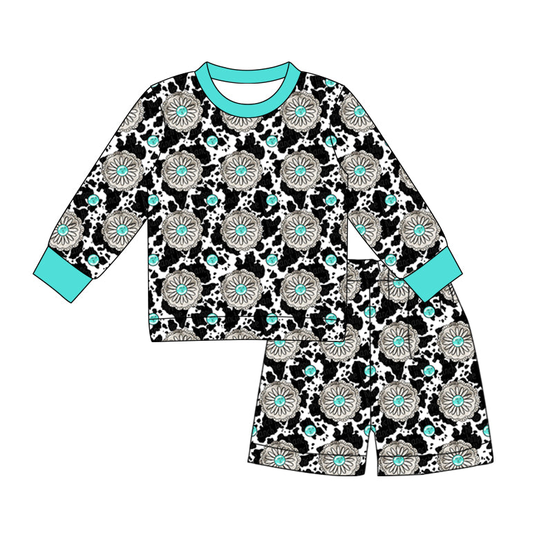 Turquoise top matching shorts girls long sleeve outfit preorder