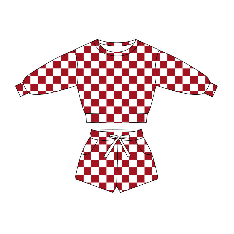 Dark Red checkered long sleeve top matching shorts girls clothes preorder